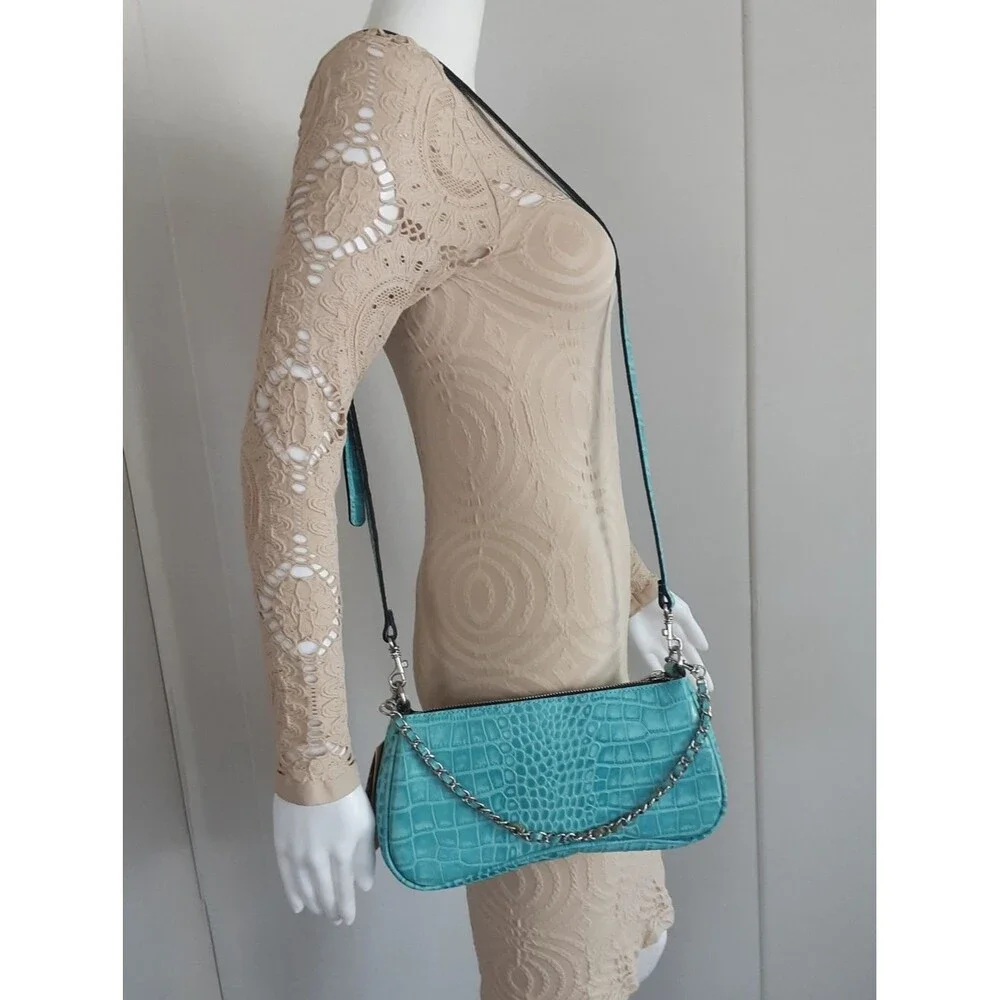 PATRICIA NASH Riley Aqua Croc Embossed Leather Baguette Crossbody - NWT